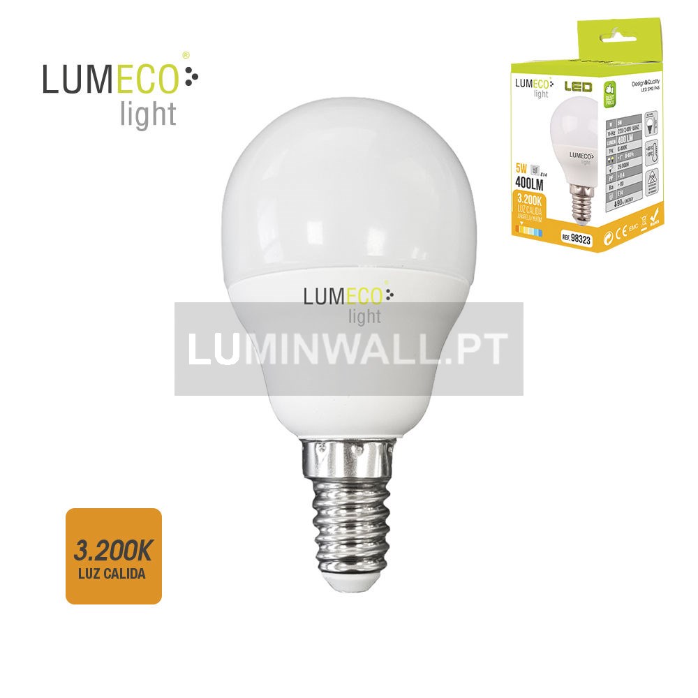 Lâmpada Esférica LED 5W 400Lm E14 3.200K Branco Quente